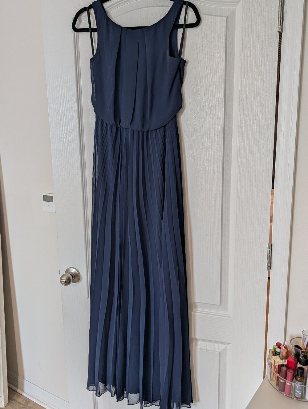 B Darlin Navy Pleated Maxi Dress/Gown
